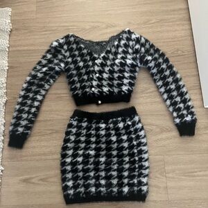 Fuzzy houndstooth skirt set
